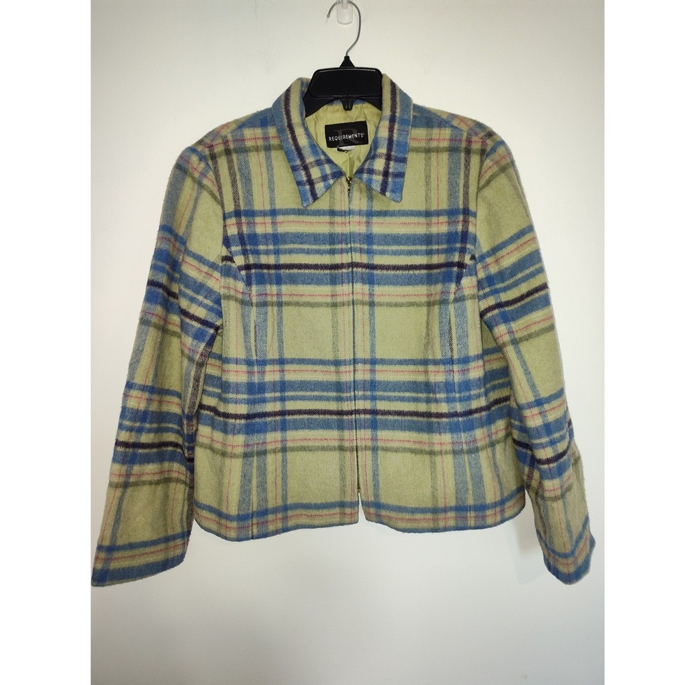 Requirements Women Plaid Wool Blend Zip Front Jacket Lime Green Blue Size 18